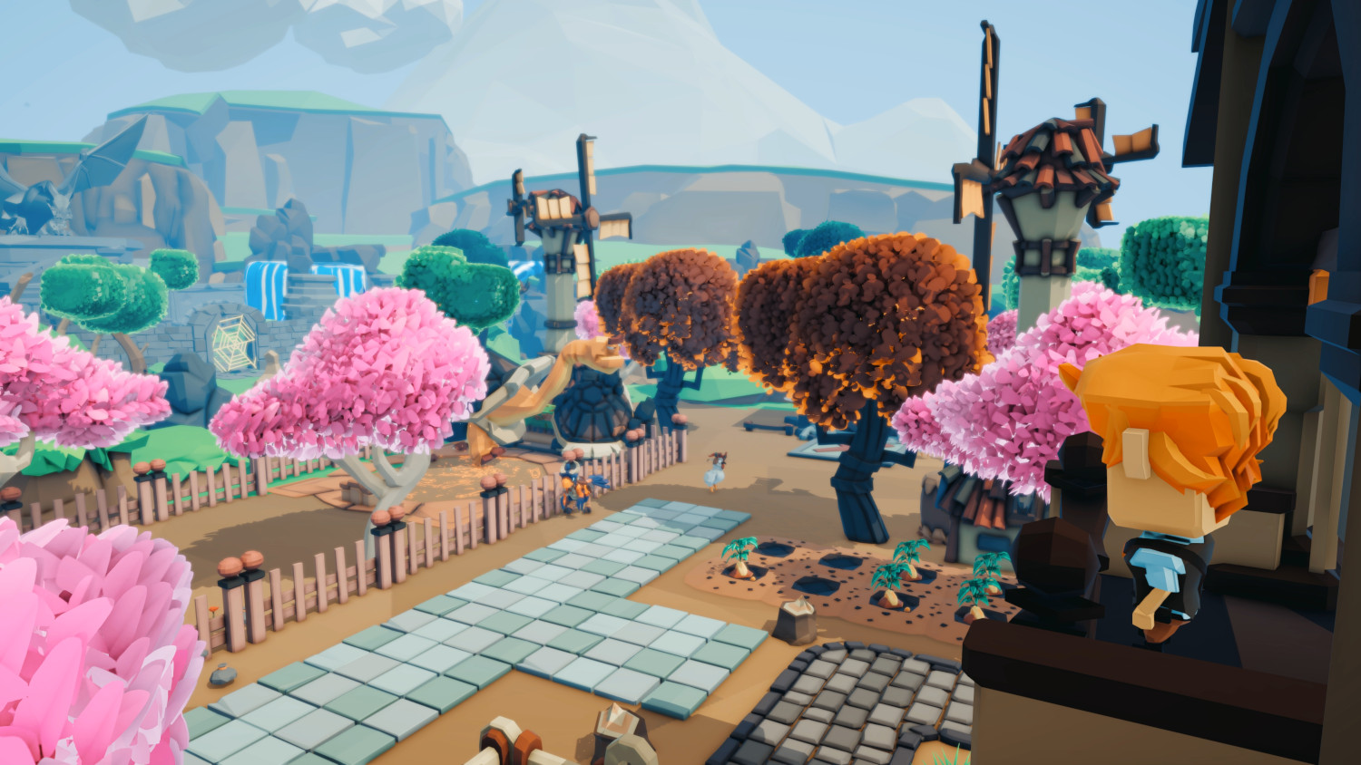 Een low-poly game-scene. Het bevat een stad met roze bomen, windmolens en personages in de verte.
