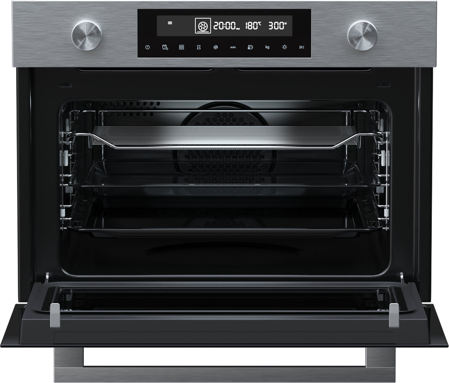Roestvrijstalen oven met open deur. Interieur met rekken, zwart interieur.