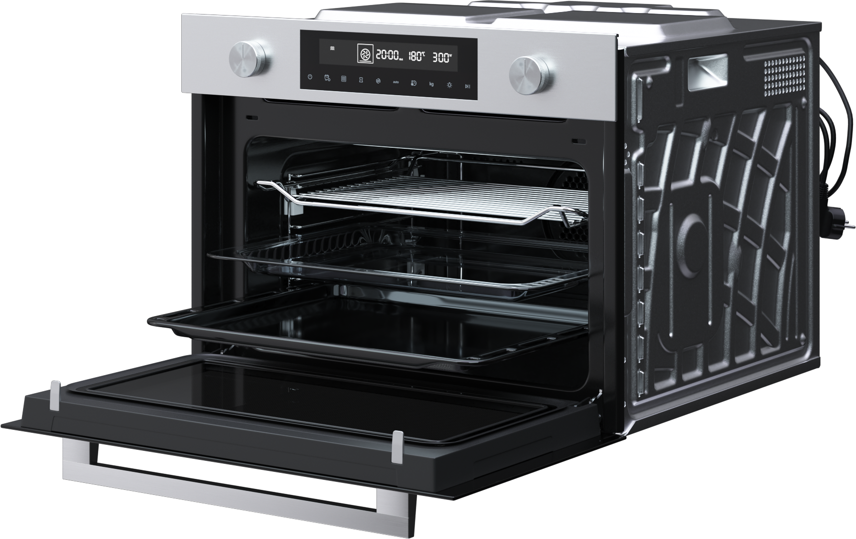 Open oven met zichtbare binnenrekken en -bakken. Roestvrijstalen afwerking. Zwart interieur.