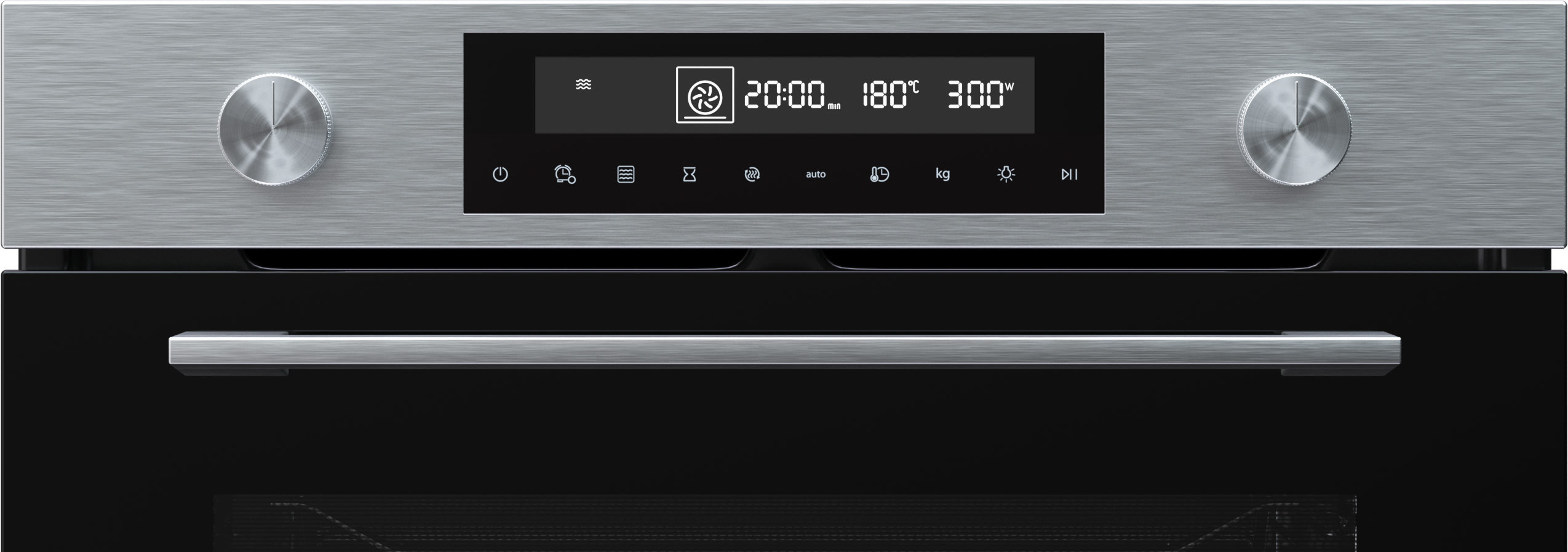 Zilveren oven met digitale display met instellingen. Knoppen aan elke kant. Zwarte ovendeur eronder.