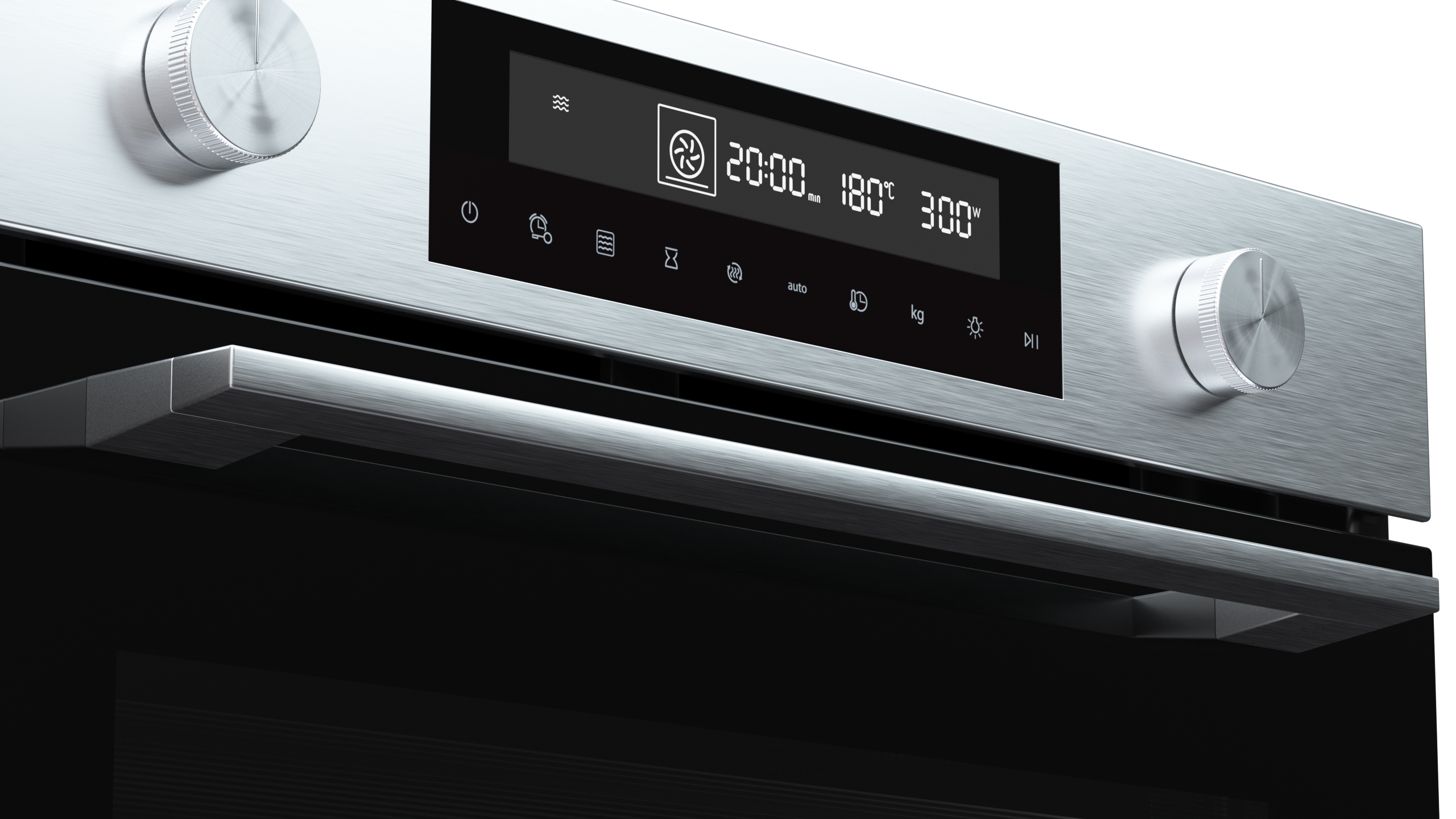 Bedieningspaneel van de oven met digitaal display met tijd, temperatuur en instellingen.