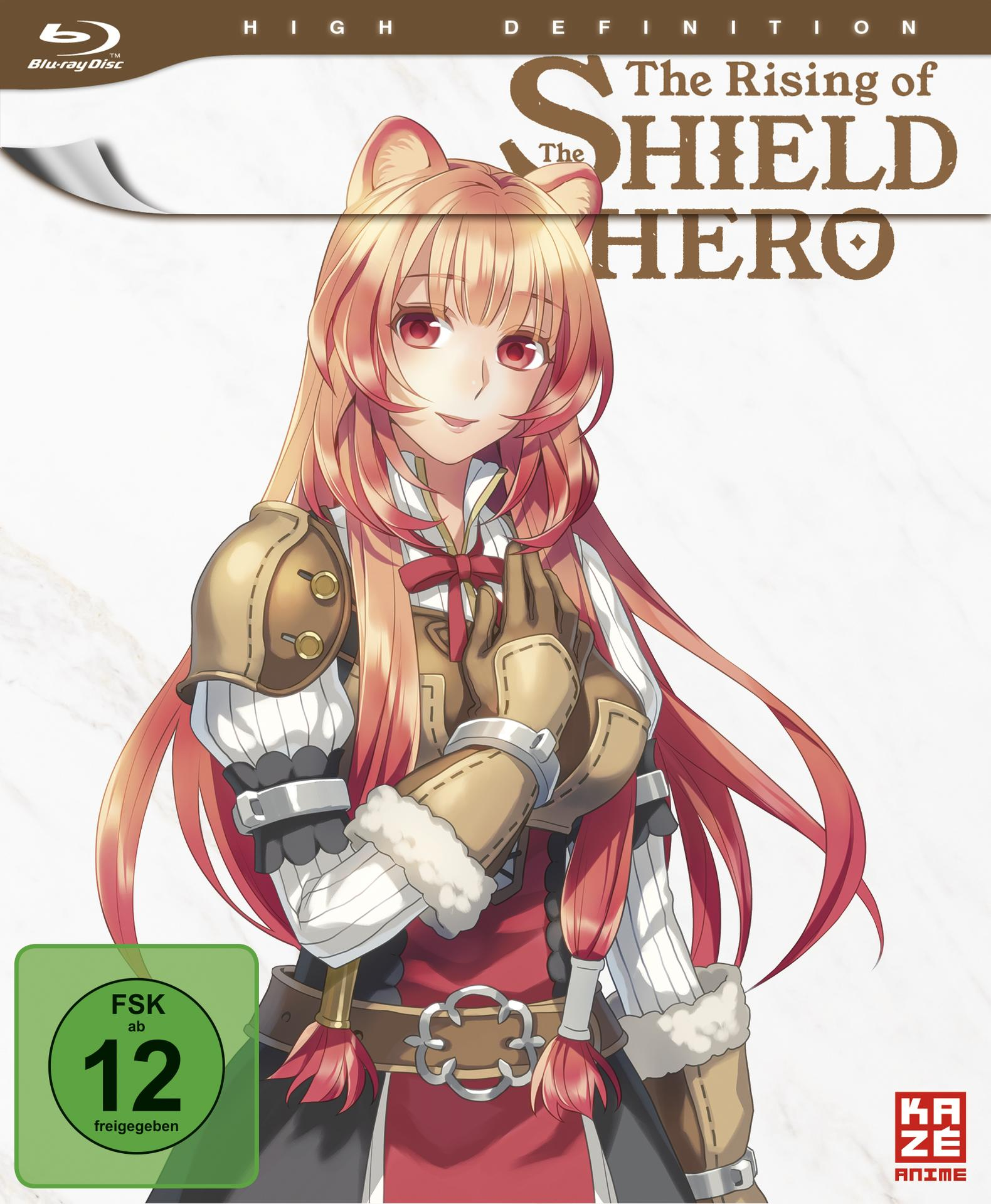 Anime-Cover-Art. Ein Mädchen mit langen roten Haaren, trägt Rüstung und eine Schleife. Text: The Rising of the Shield Hero.
