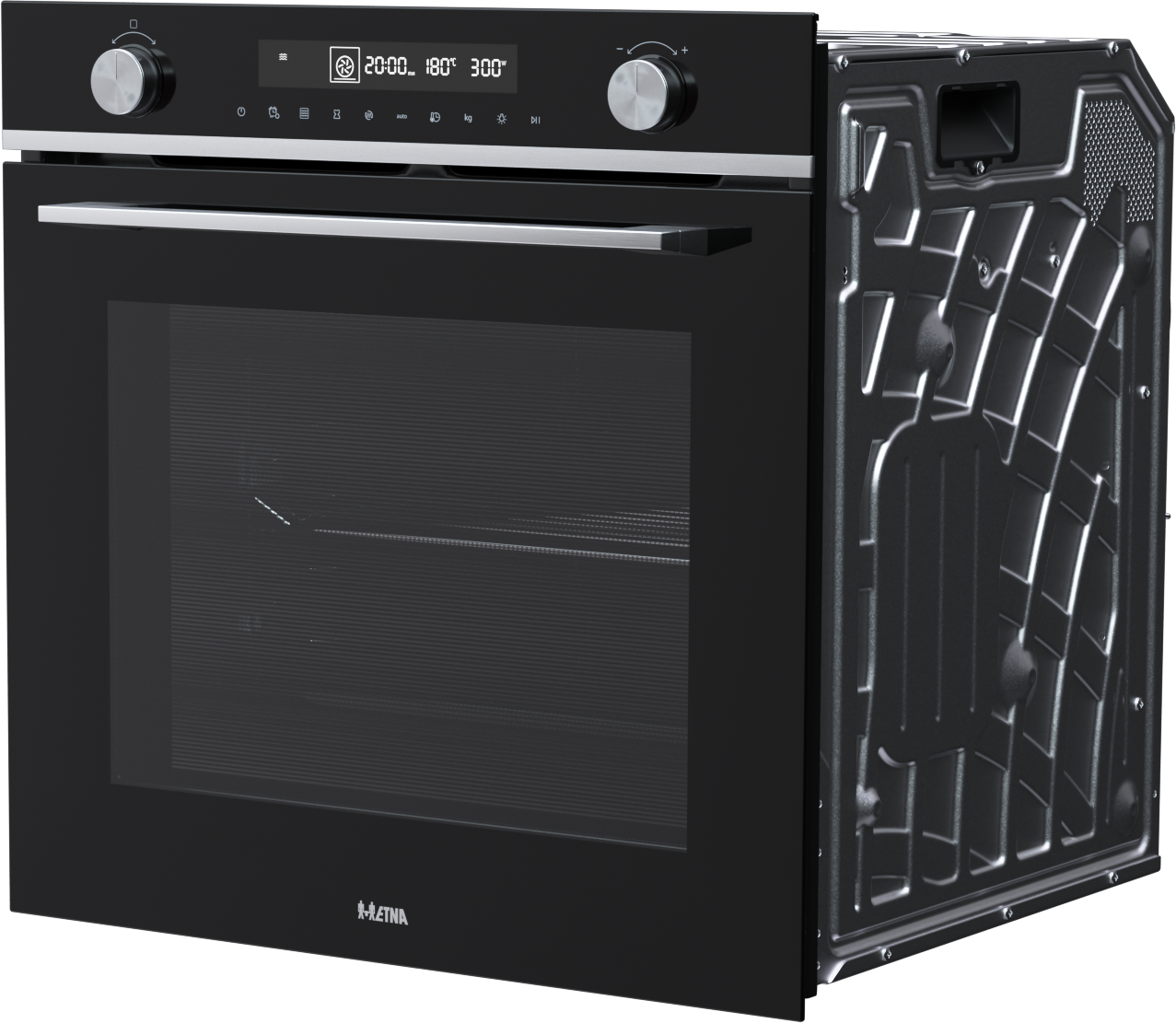 Zwarte inbouwoven. Het heeft een digitaal display en een handvat. De zijkant van de oven is zichtbaar.
