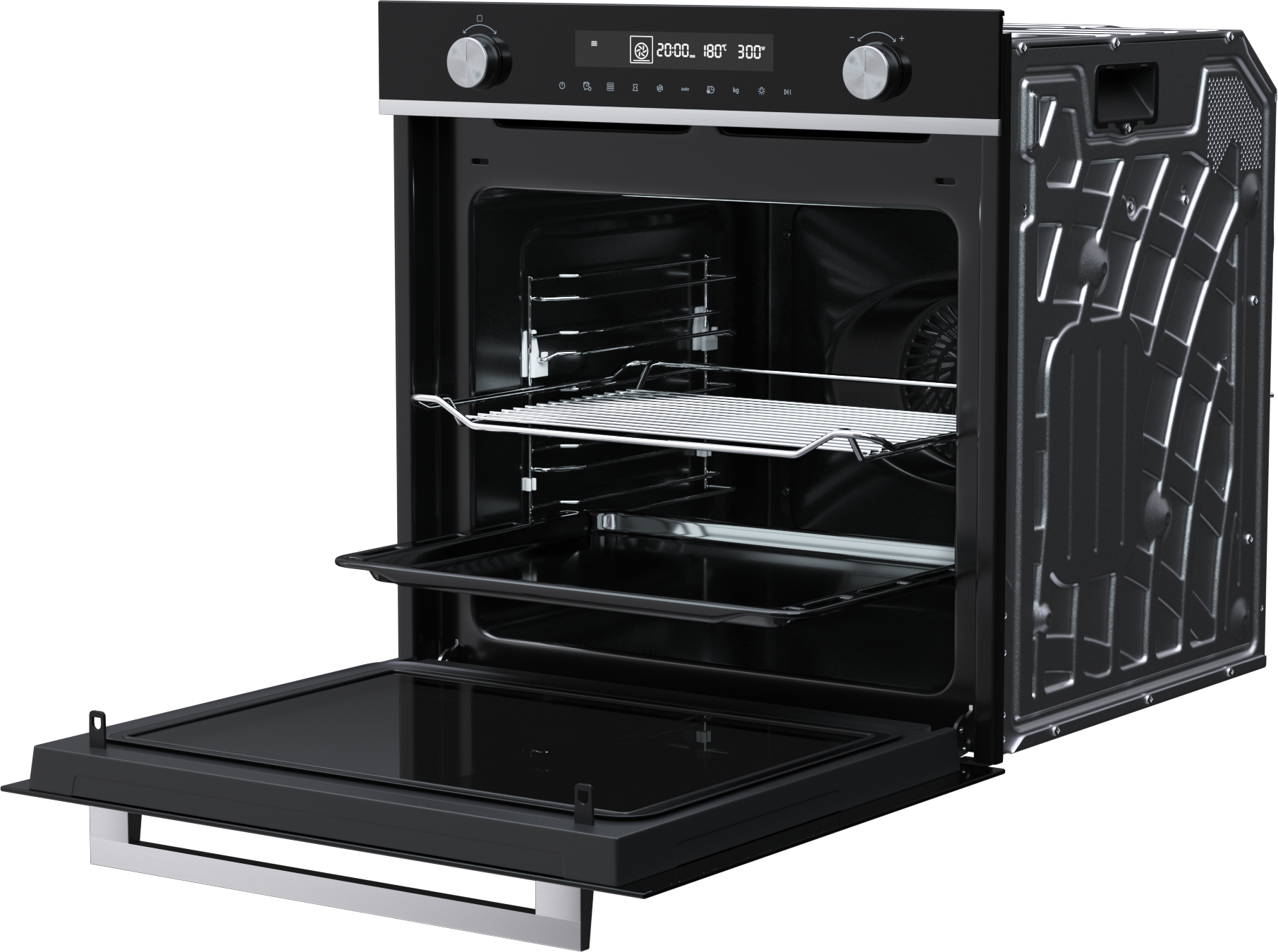 Zwarte oven met open deur, toont roosters en bakplaat. Digitaal display met instellingen. Metalen handvat zichtbaar.