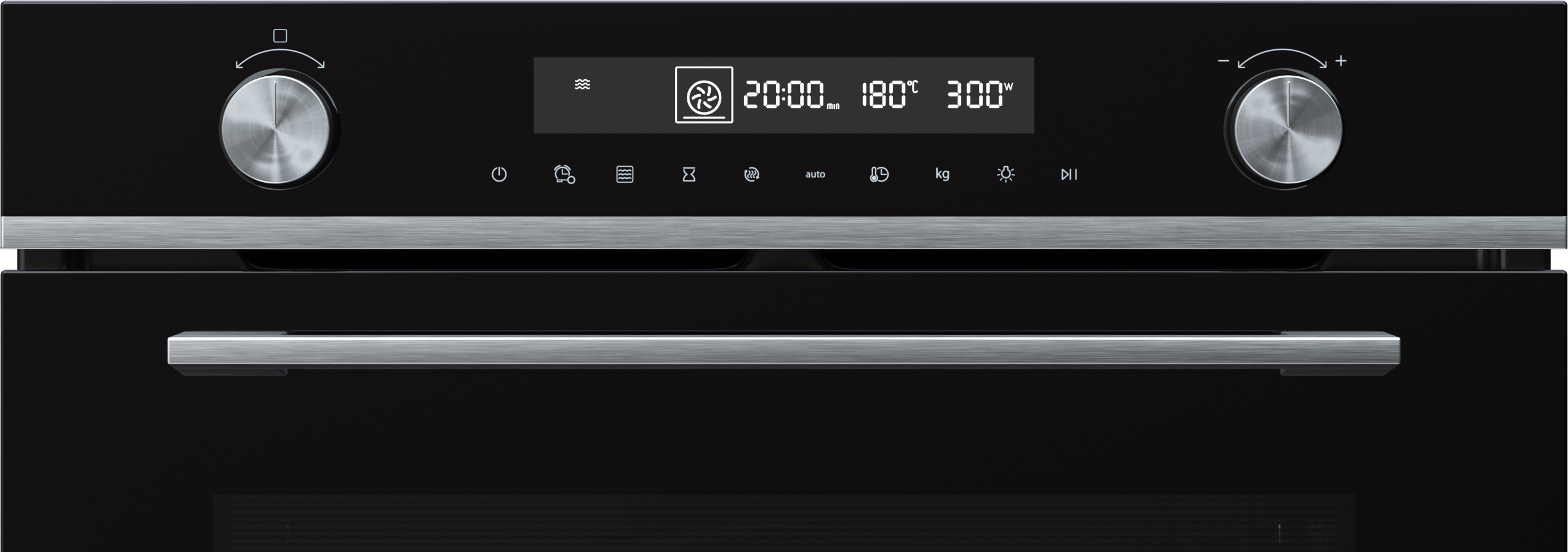 Zwart ovenbedieningspaneel met zilveren accenten, twee knoppen en een digitaal display.