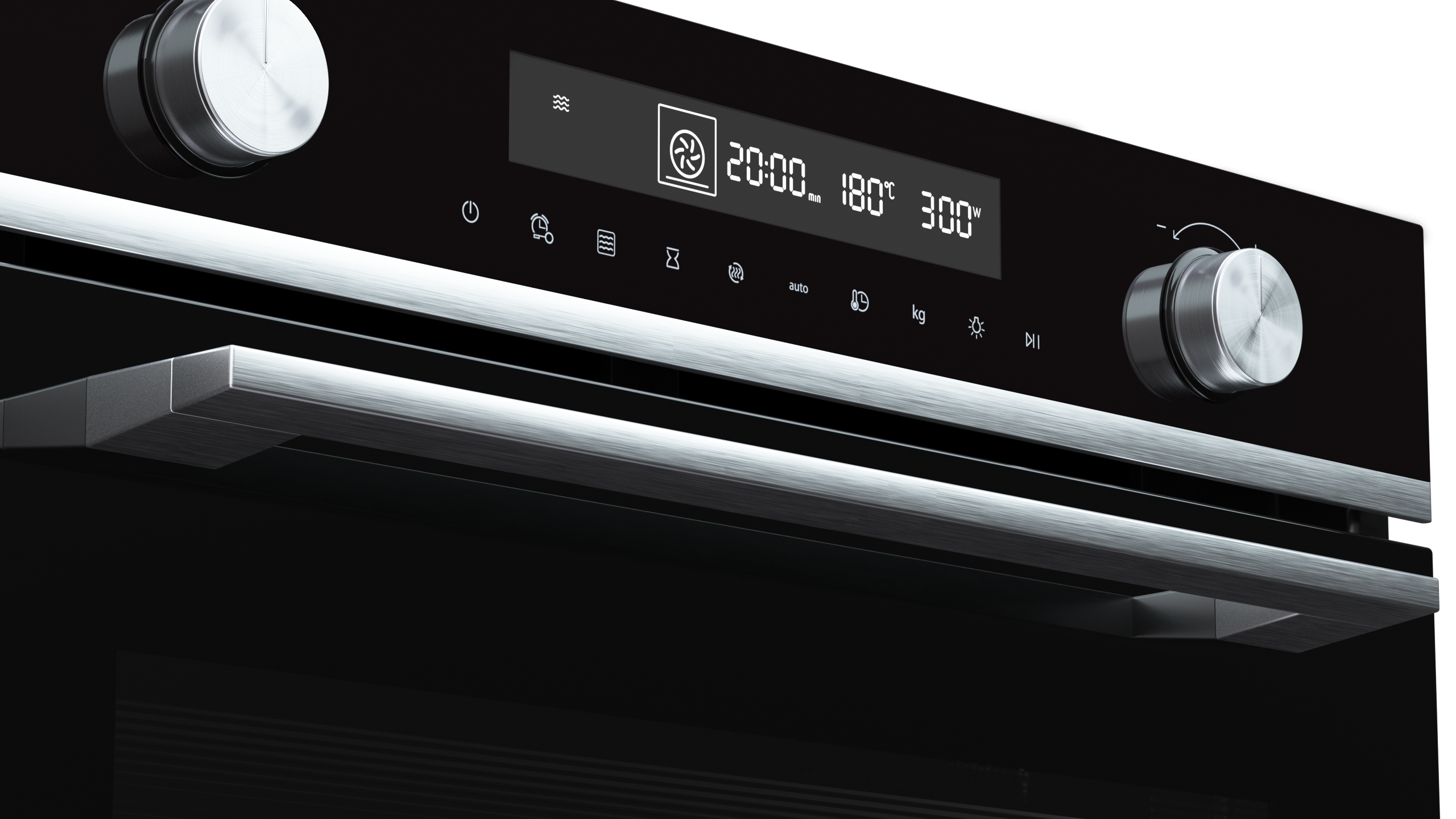 Zwart ovenbedieningspaneel, digitale display, instelknoppen en een metalen handgreep.