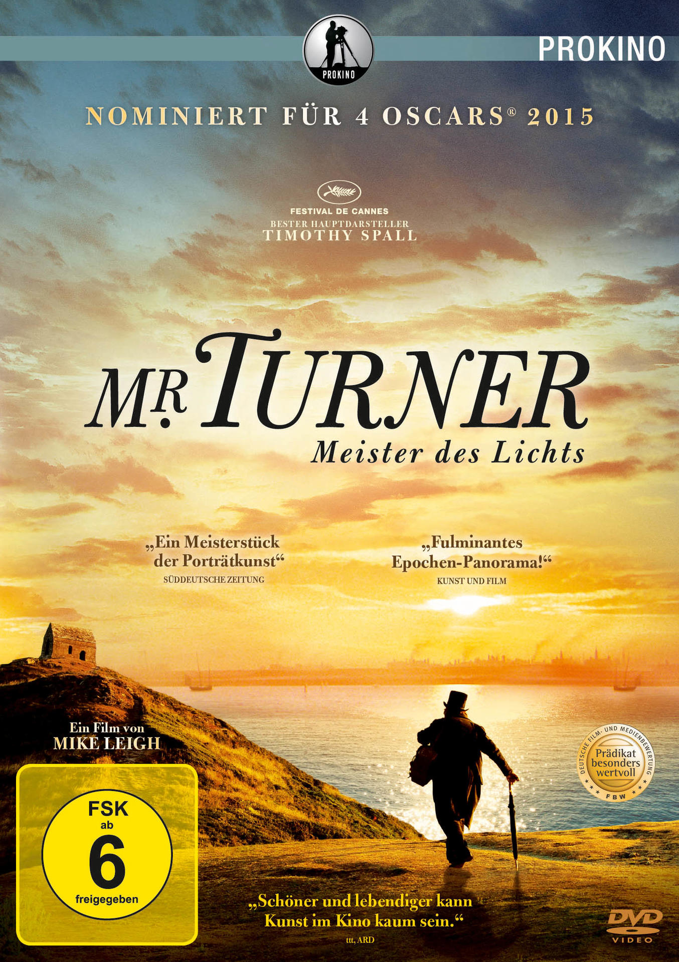 DVD-Cover für 'Mr. Turner'. Ein Mann mit Hut steht am Meer. Text auf Englisch und Deutsch.