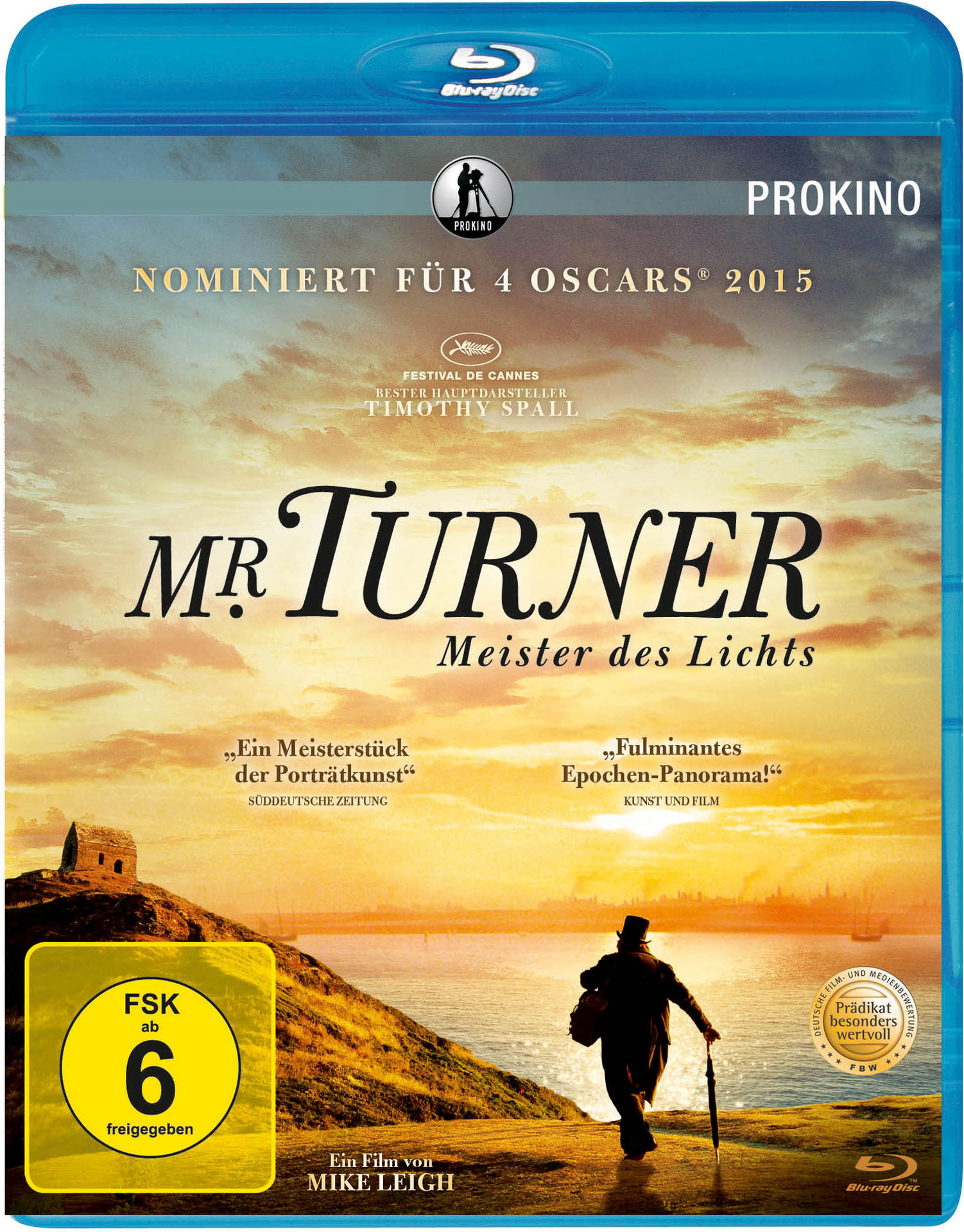 Blu-ray-Cover des Films Mr. Turner, mit einem Mann mit Schirm vor Sonnenuntergang.