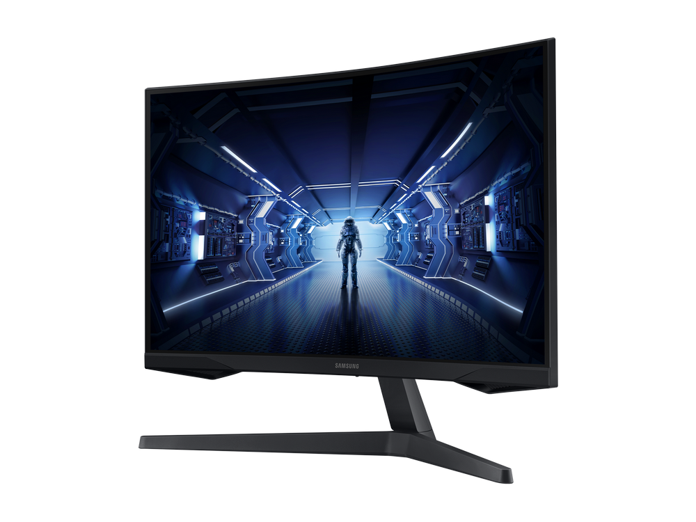 Un monitor de ordenador curvo con una escena espacial futurista.