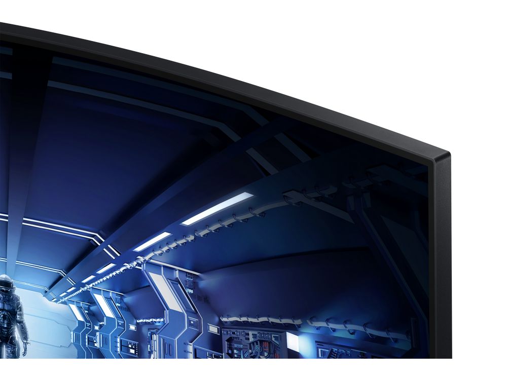 Una esquina de monitor muestra una habitación futurista con un traje espacial y muchas luces azules.