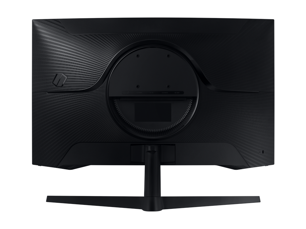 La parte trasera de un monitor de ordenador negro con un soporte.