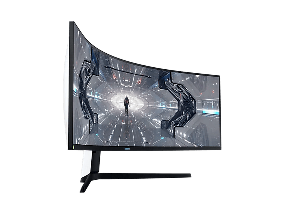 Un monitor de computadora curvo muestra una escena futurista. El monitor es negro y plateado.