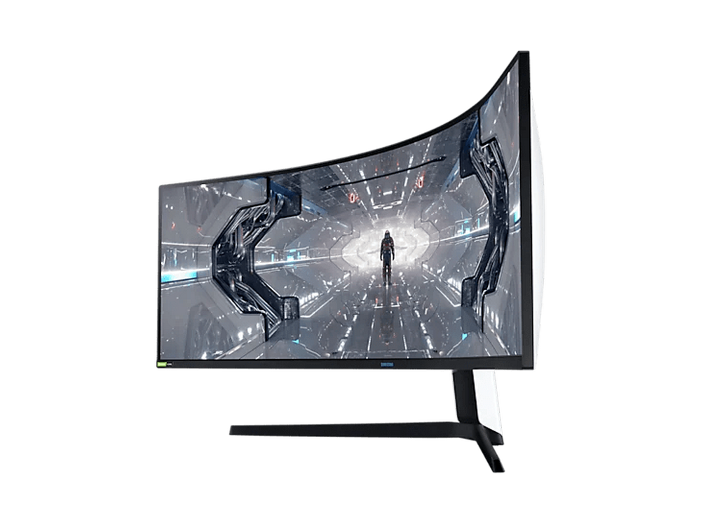 Monitor curvo que muestra una escena de juego futurista, sobre un fondo negro.
