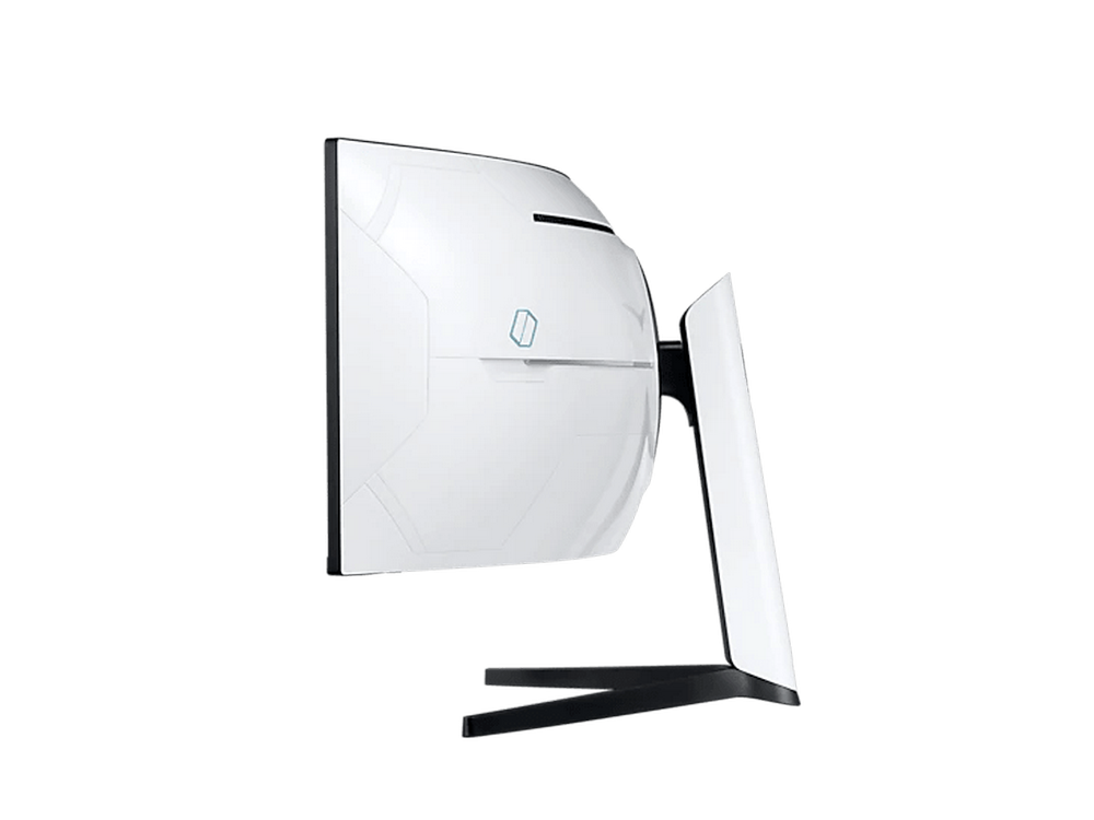 Monitor gaming blanco, curvo, con soporte. Fondo negro.