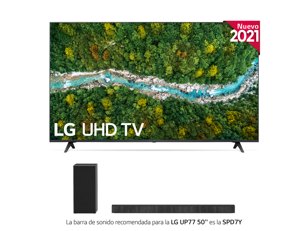Televisor grande, barra de sonido y subwoofer sobre fondo blanco. Texto en el TV.