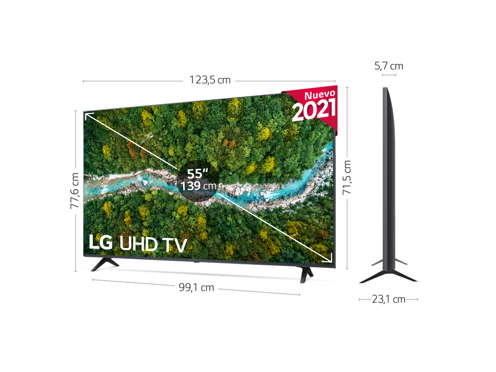 Televisor grande con escena de bosque. Dimensiones: 123,5 cm ancho, 77,6 cm alto, 55 pulgadas.