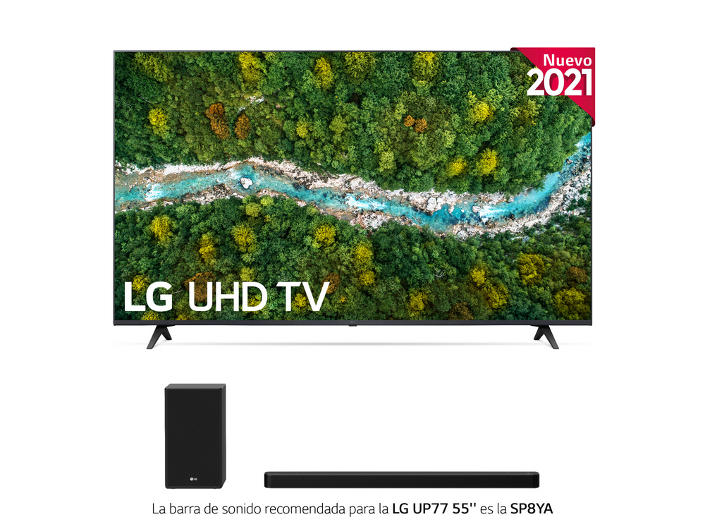 Un televisor LG UHD con una barra de sonido. La pantalla del televisor muestra un bosque verde.