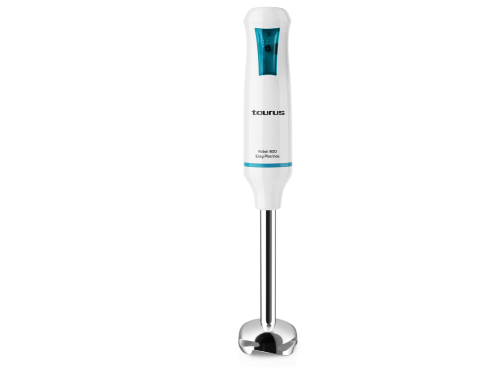 Batidora de mano Taurus blanca con detalles azules, sobre un fondo negro.