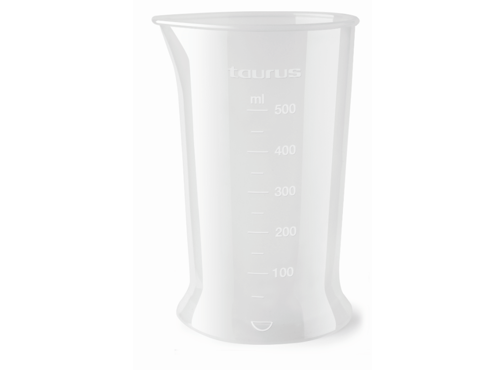 Vaso medidor Taurus transparente y blanco. Tiene marcas en ml y forma curva.