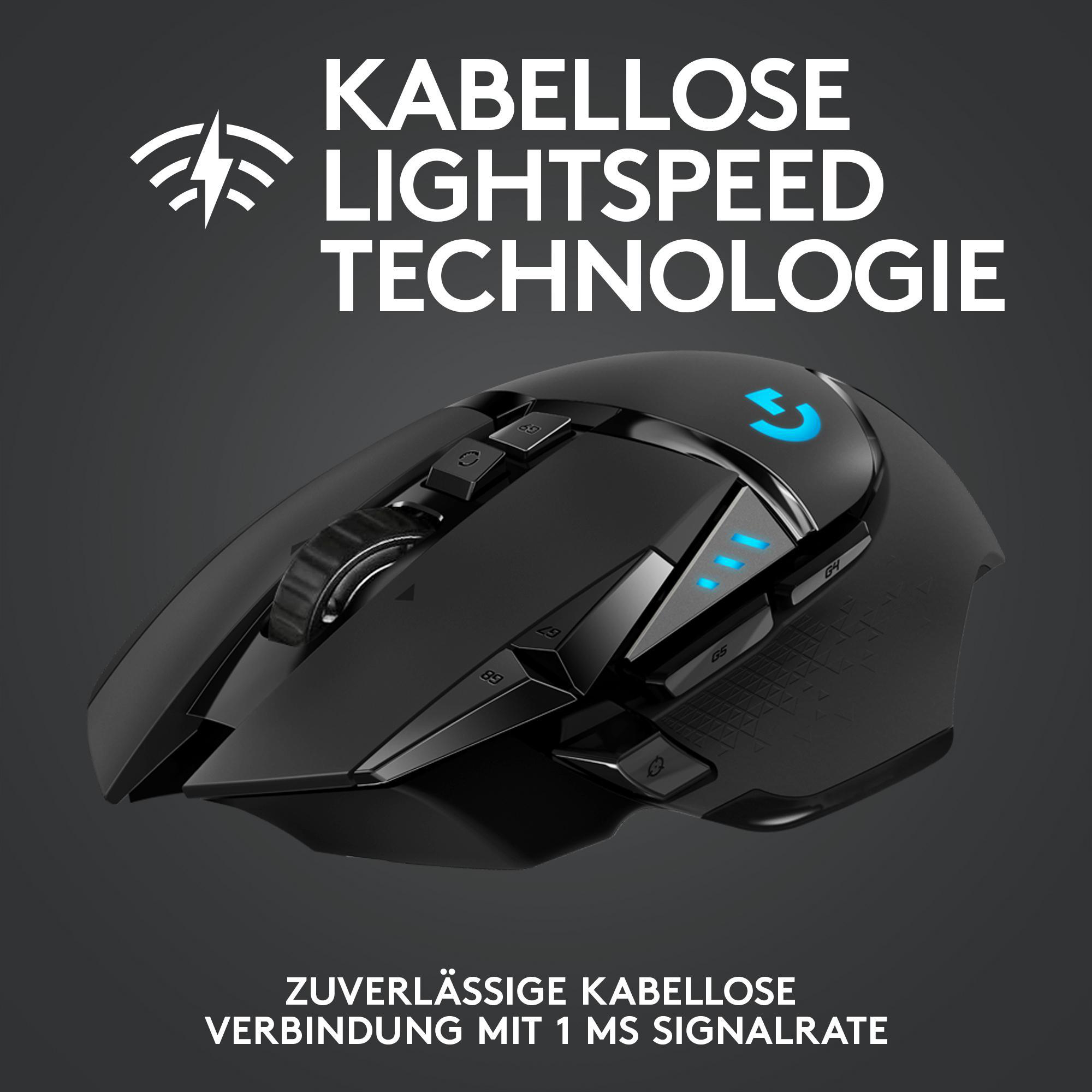 Schwarze kabellose Maus mit Tasten und Text: Kabellose Lightspeed Technologie.
