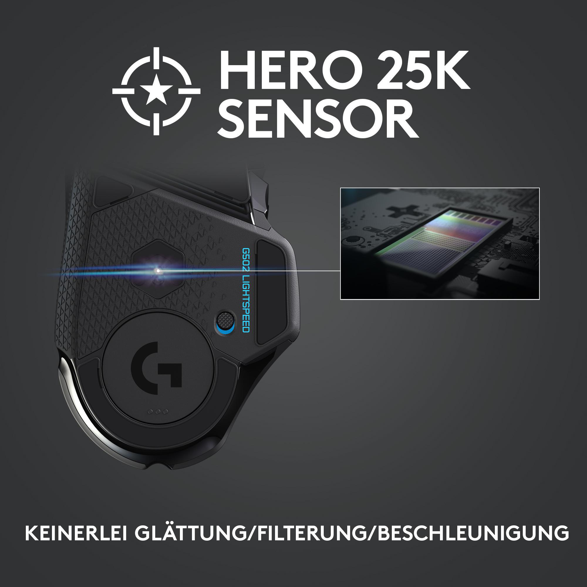 Logitech-Maus mit HERO 25K-Sensor. Schwarzes und blaues Design.