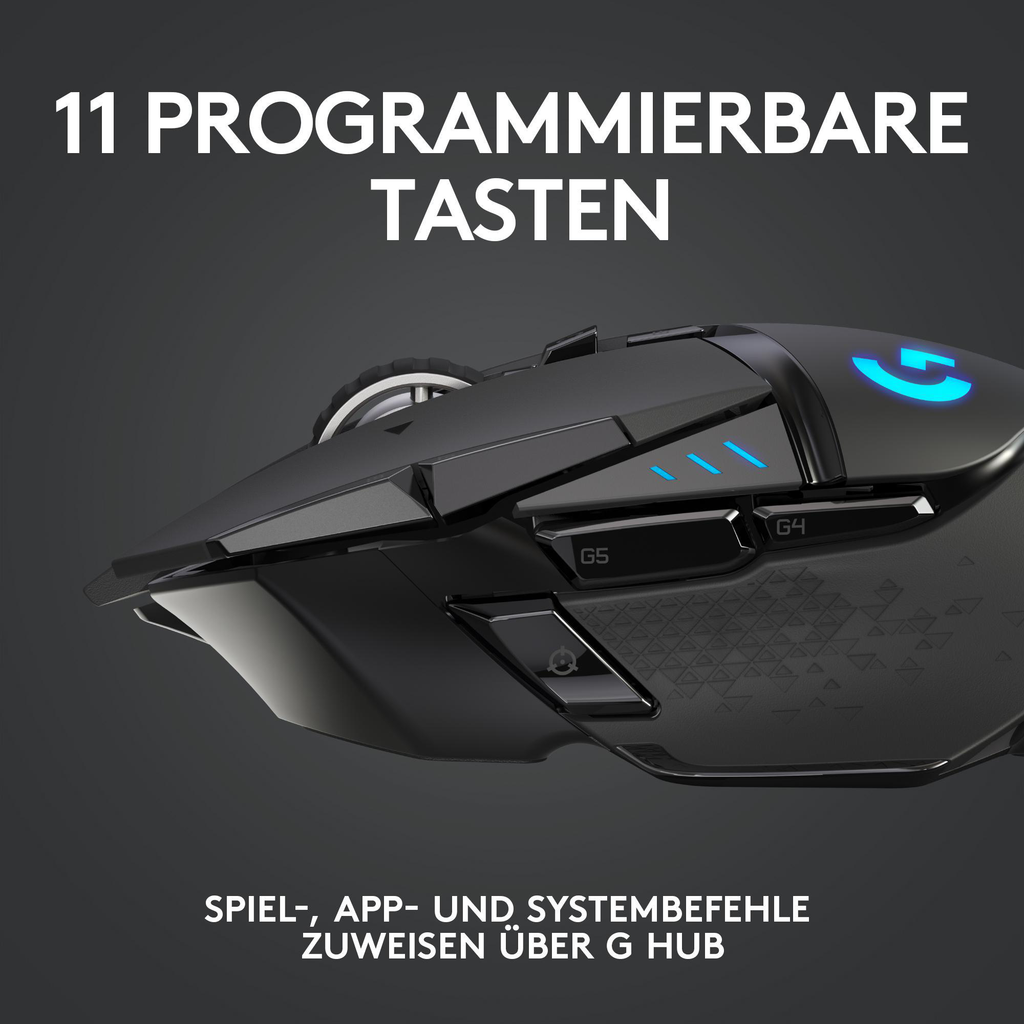 Schwarze Gaming-Maus mit 11 programmierbaren Tasten, G5, G4 Tasten und dem G HUB-Logo.