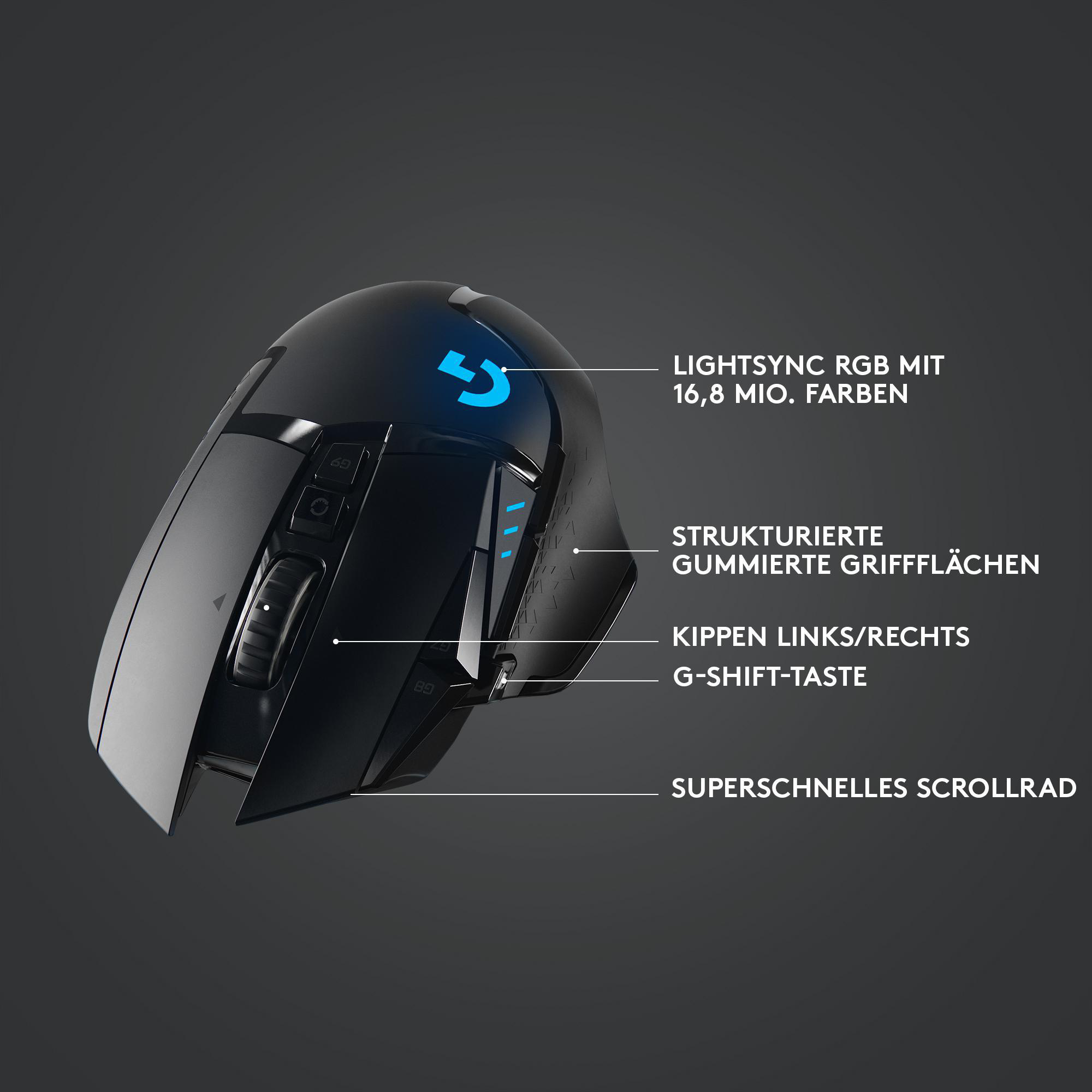 Schwarze Gaming-Maus mit hervorgehobenen Funktionen und beschrifteten Bereichen.