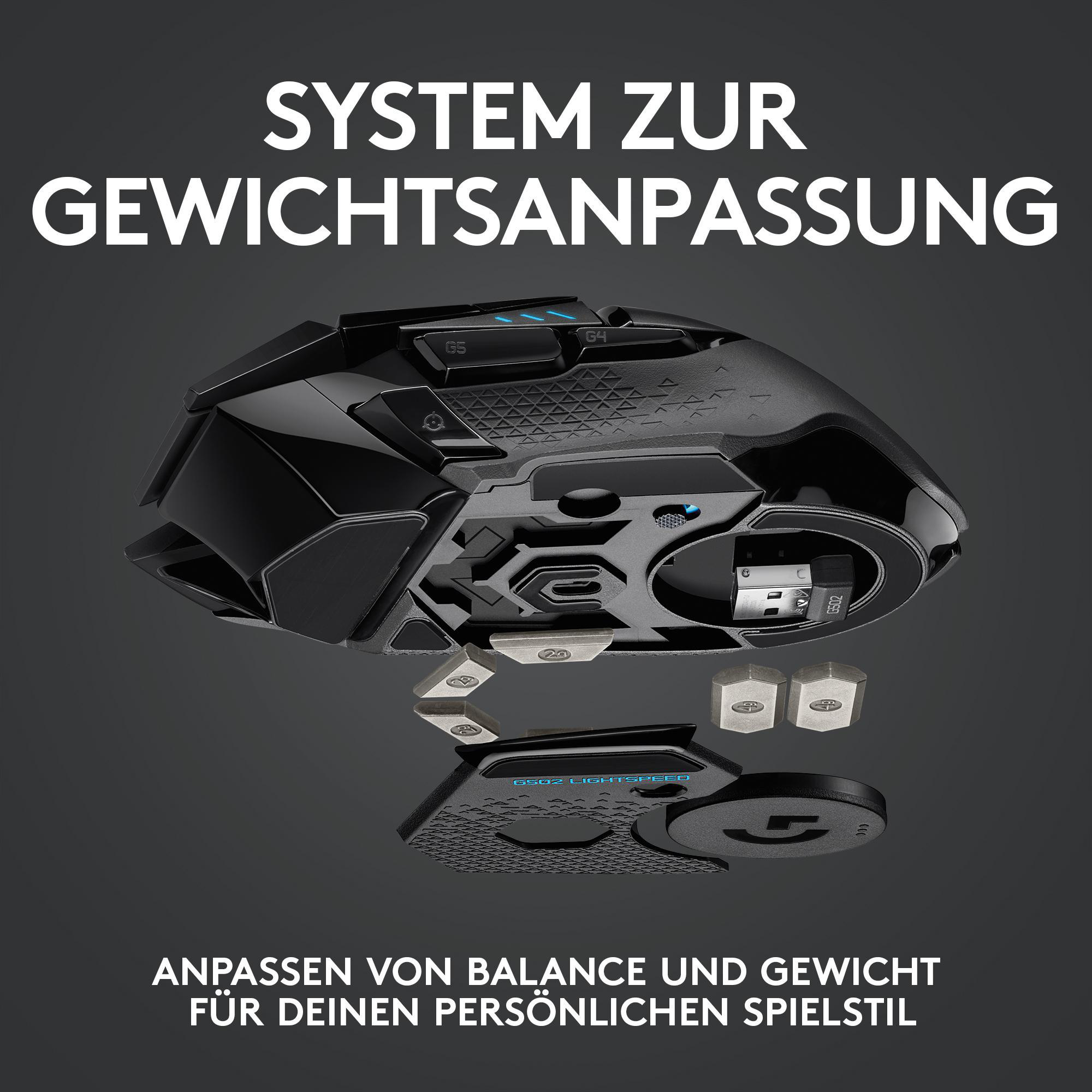 Schwarze Gaming-Maus mit Gewichten. Text sagt 'System zur Gewichts anpassung'.