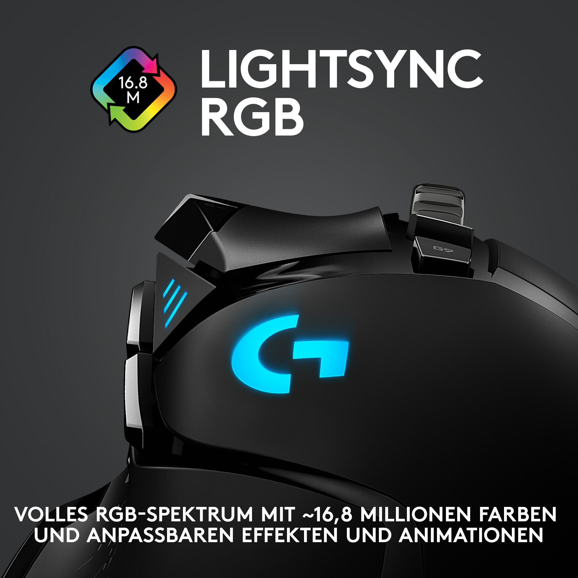 Nahaufnahme einer schwarzen Logitech Gaming-Maus mit blauem G-Logo.