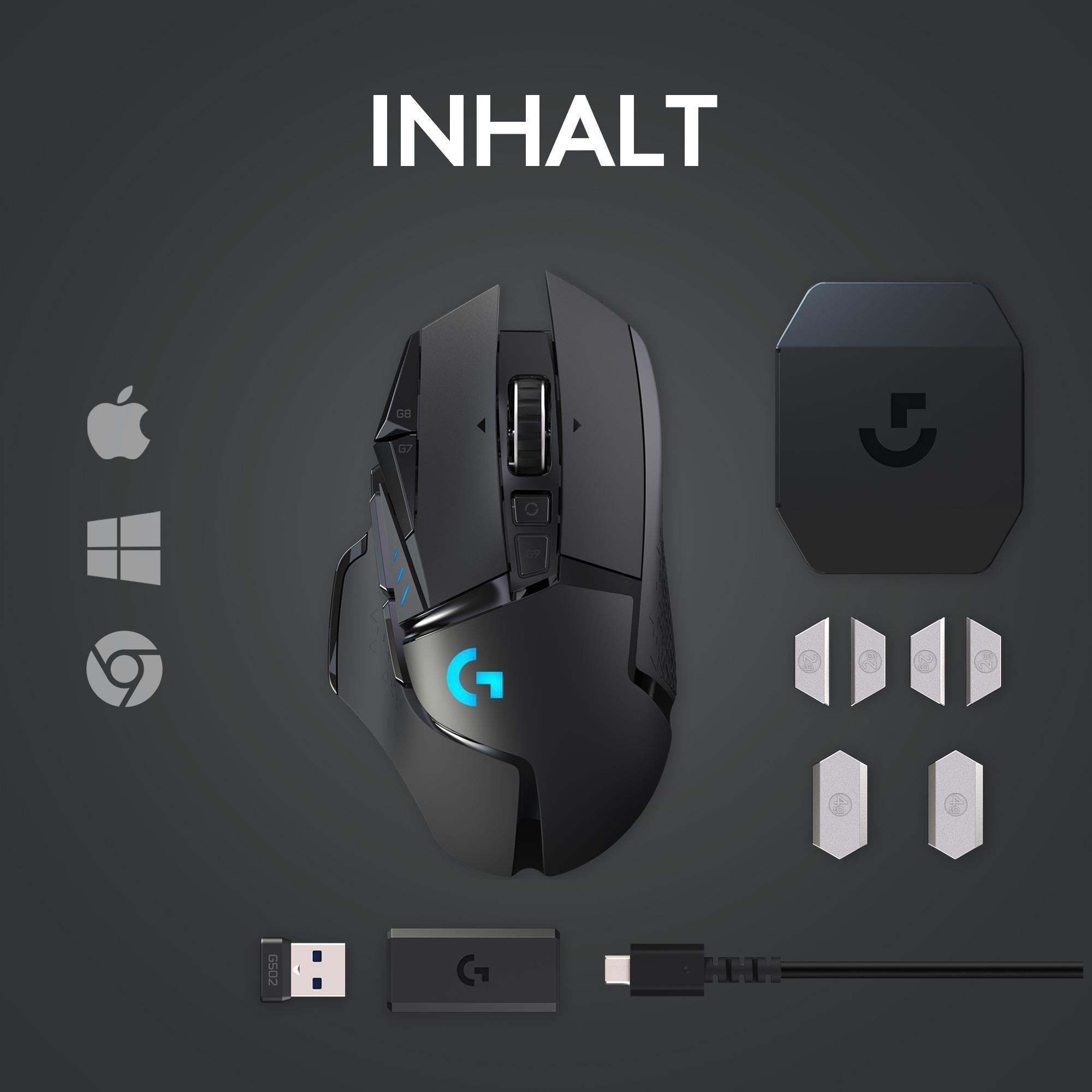 Gaming-Maus mit Zubehör auf schwarzer Oberfläche angeordnet. Text 'INHALT' steht oben.