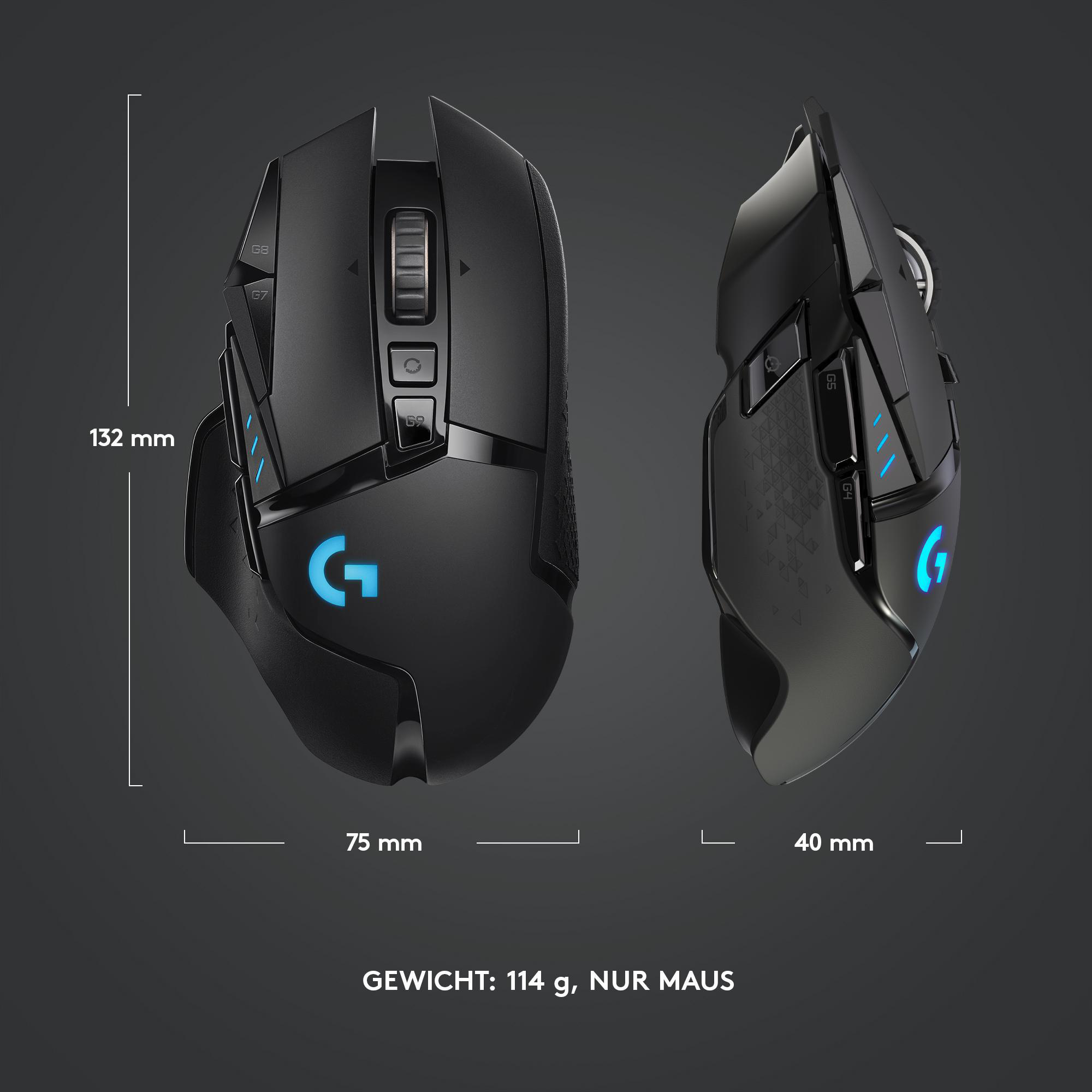Schwarze Gaming-Maus mit beschrifteten Abmessungen, zeigt Ober- und Seitenansichten mit dem G-Logo.