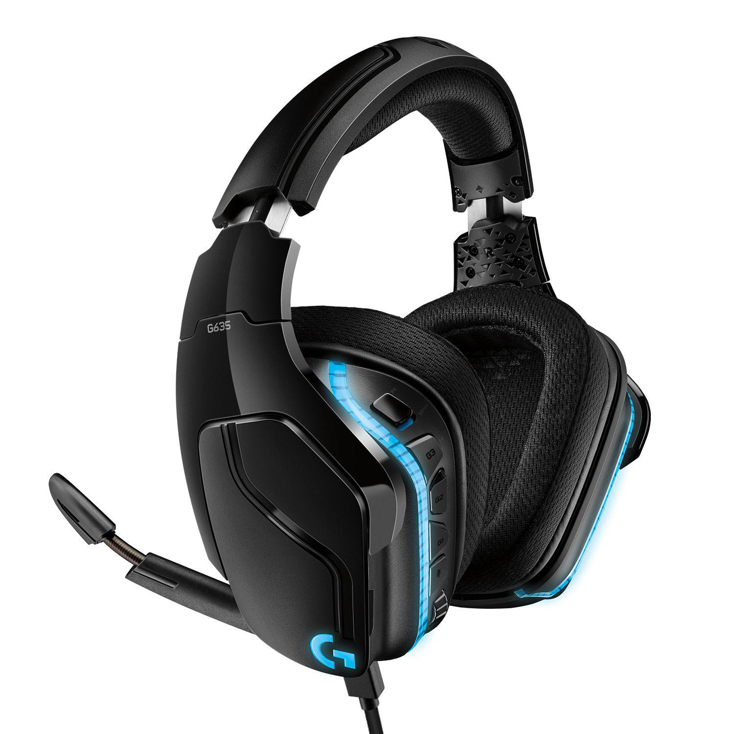 Schwarzes Gaming-Headset mit blauen Lichtern und Mikrofon auf weißem Hintergrund.