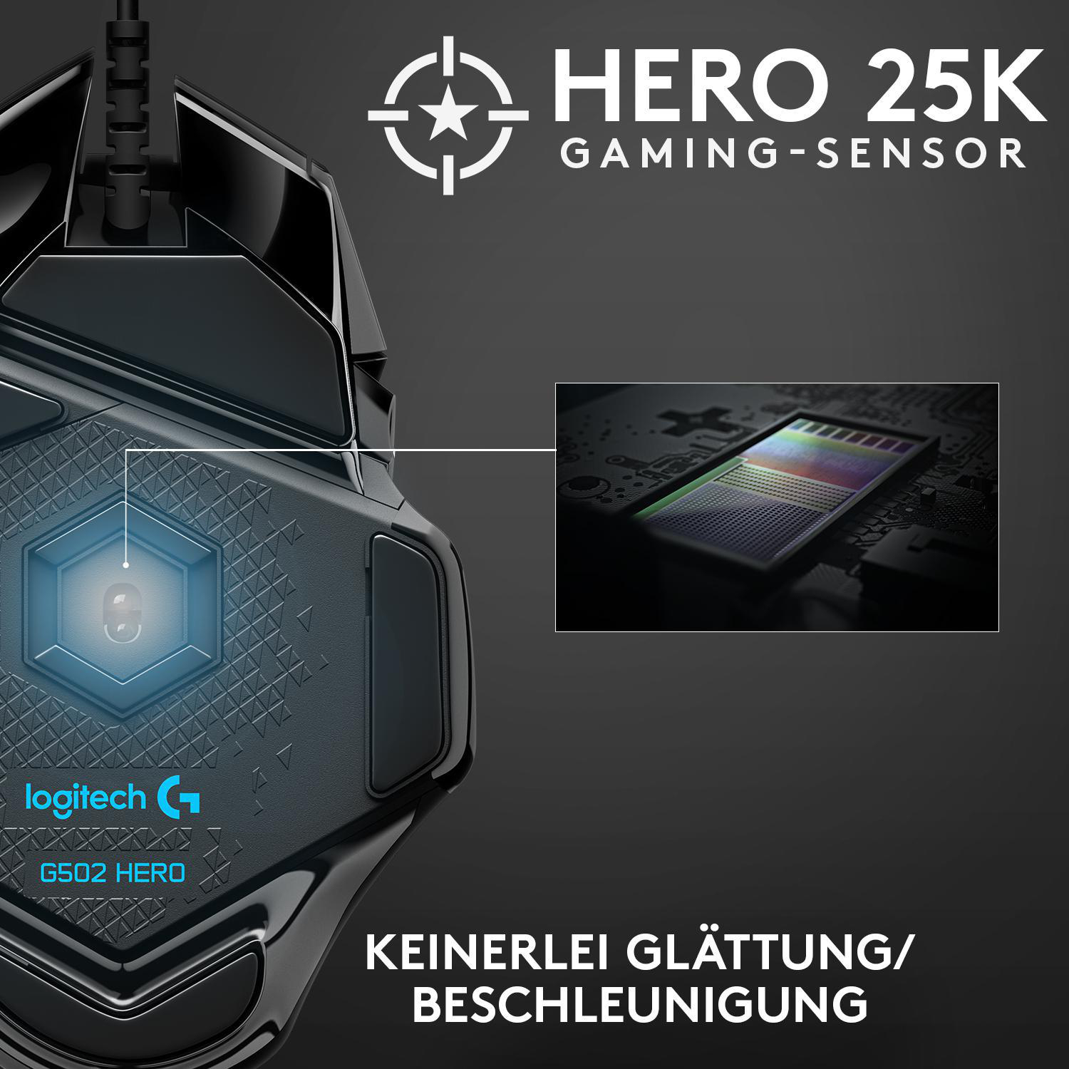 HERO Schwarz G502 LOGITECH Gaming Maus,