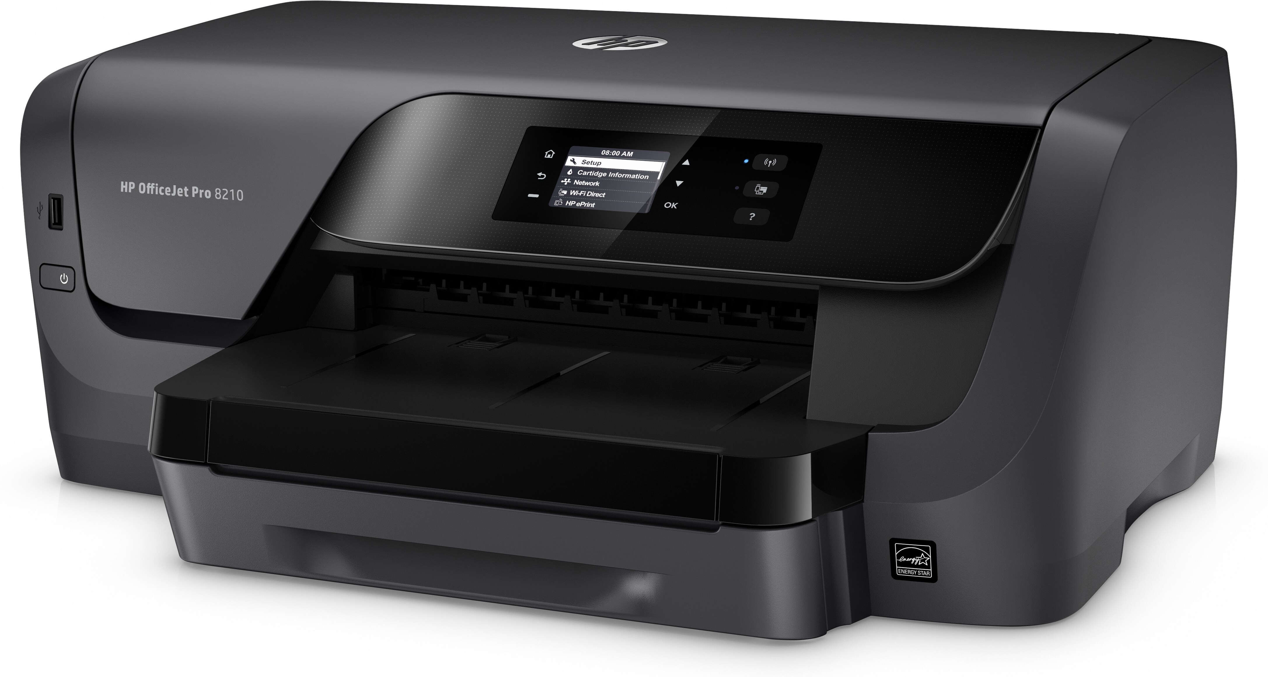 Schwarzer HP OfficeJet Pro Drucker. Verfügt über einen Bildschirm und ein Papierfach. Weißer Hintergrund.