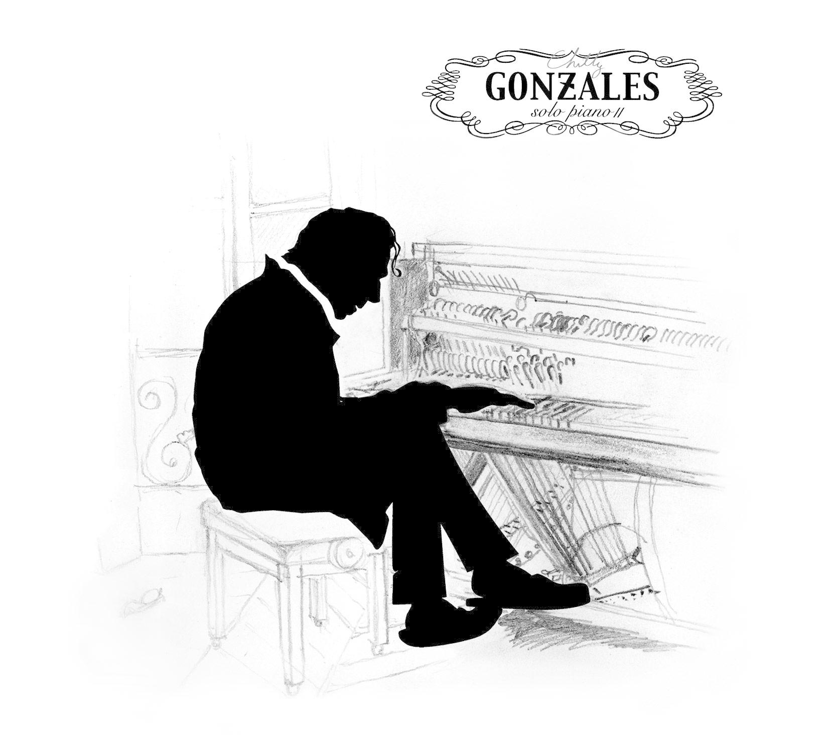 Silhouette eines Pianisten, der Klavier spielt, in einer Zeichnung. Der Titel lautet 'Gonzales solo piano II'.