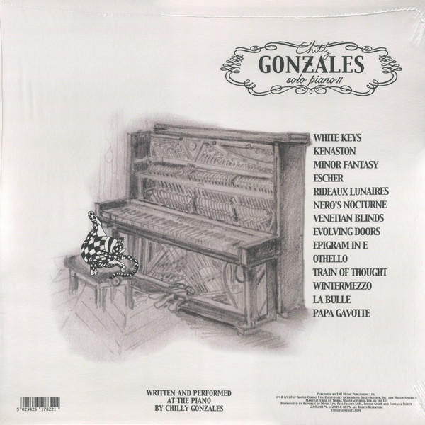 Rückseite eines Albums von Chilly Gonzales. Bleistiftzeichnung eines Klaviers und Text mit Songtiteln.