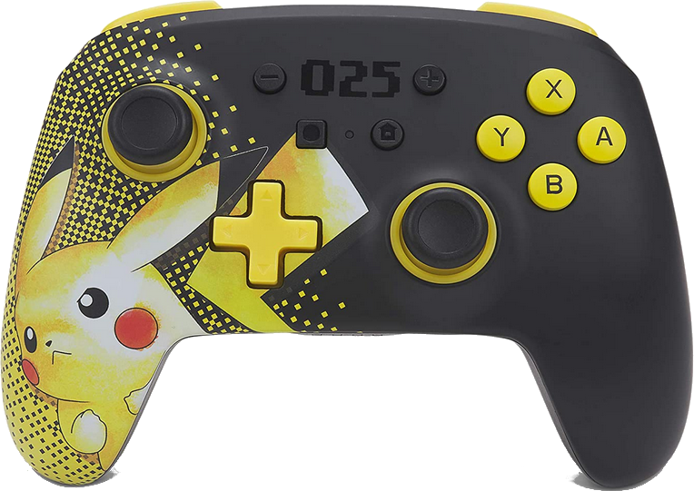 Schwarzer und gelber Pikachu Nintendo Switch Controller. Gelbe Knöpfe und Details.