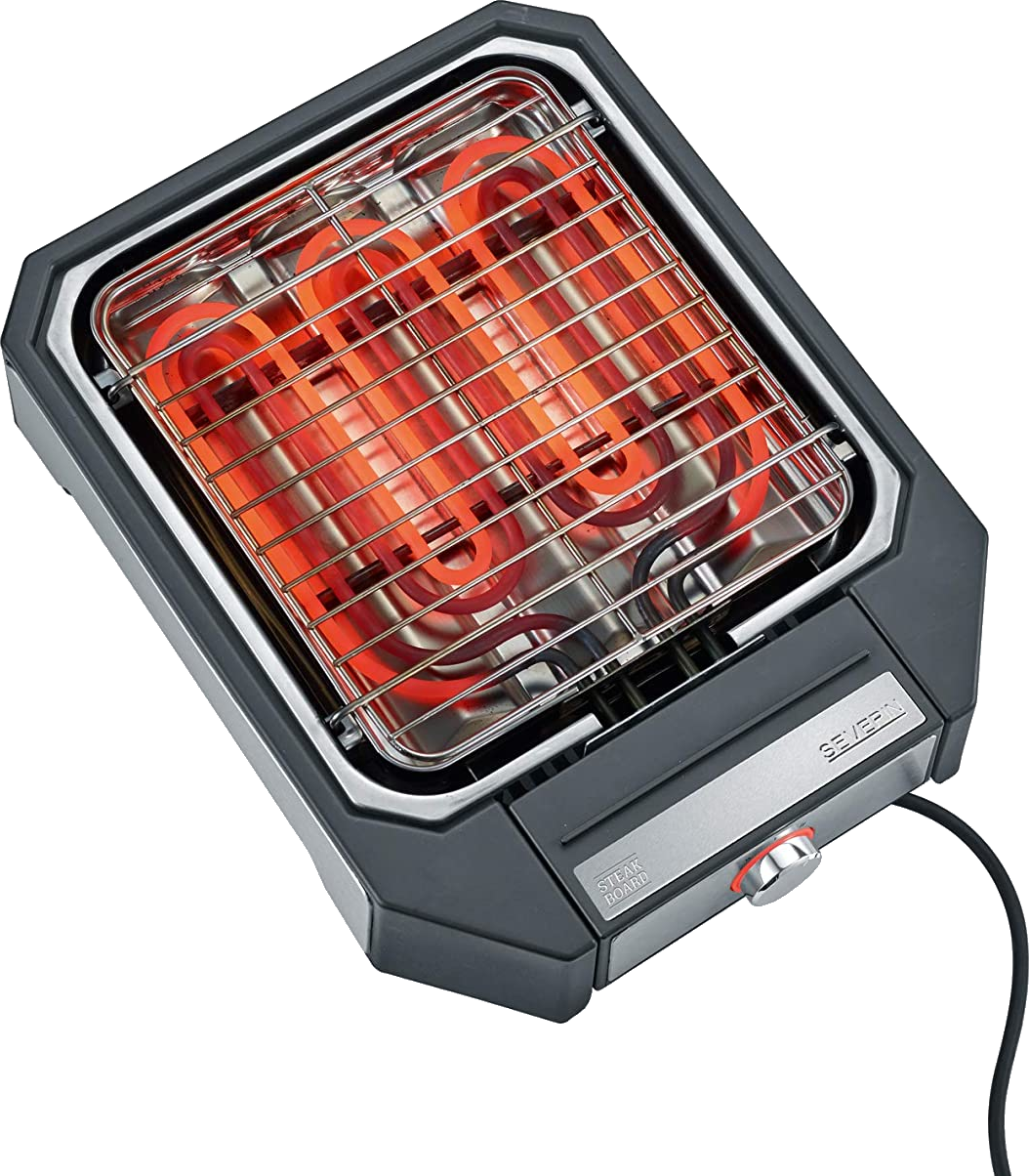 Zwarte en zilveren elektrische grill, bovenaanzicht, rode verwarmingselementen zichtbaar.