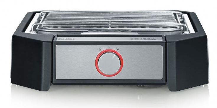 Zwarte en zilveren Severin elektrische grill met een rode draaiknop en chromen rooster.