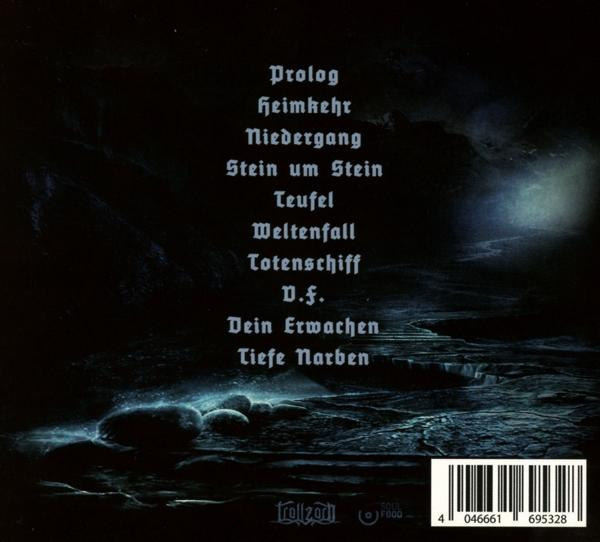 Albumcover mit dunklem Hintergrund und Songtiteln. Weißer Text auf schwarzem Hintergrund.