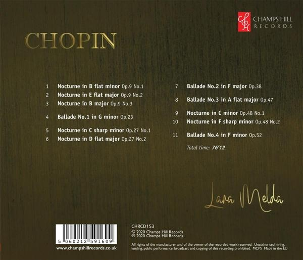 CD-Rückseite, listet Chopins Nocturnes auf. Brauner Holzgrund, weißer Text.