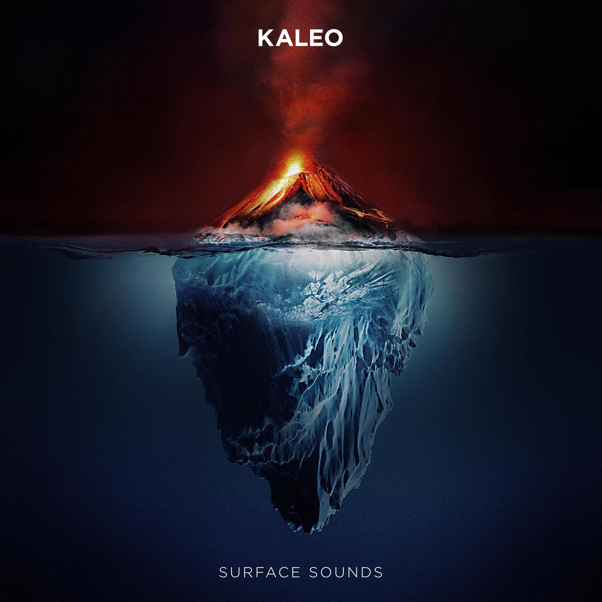 Album borító: Vulkán kitörése egy jéghegy felett, 'Kaleo' és 'Surface Sounds' felirattal.