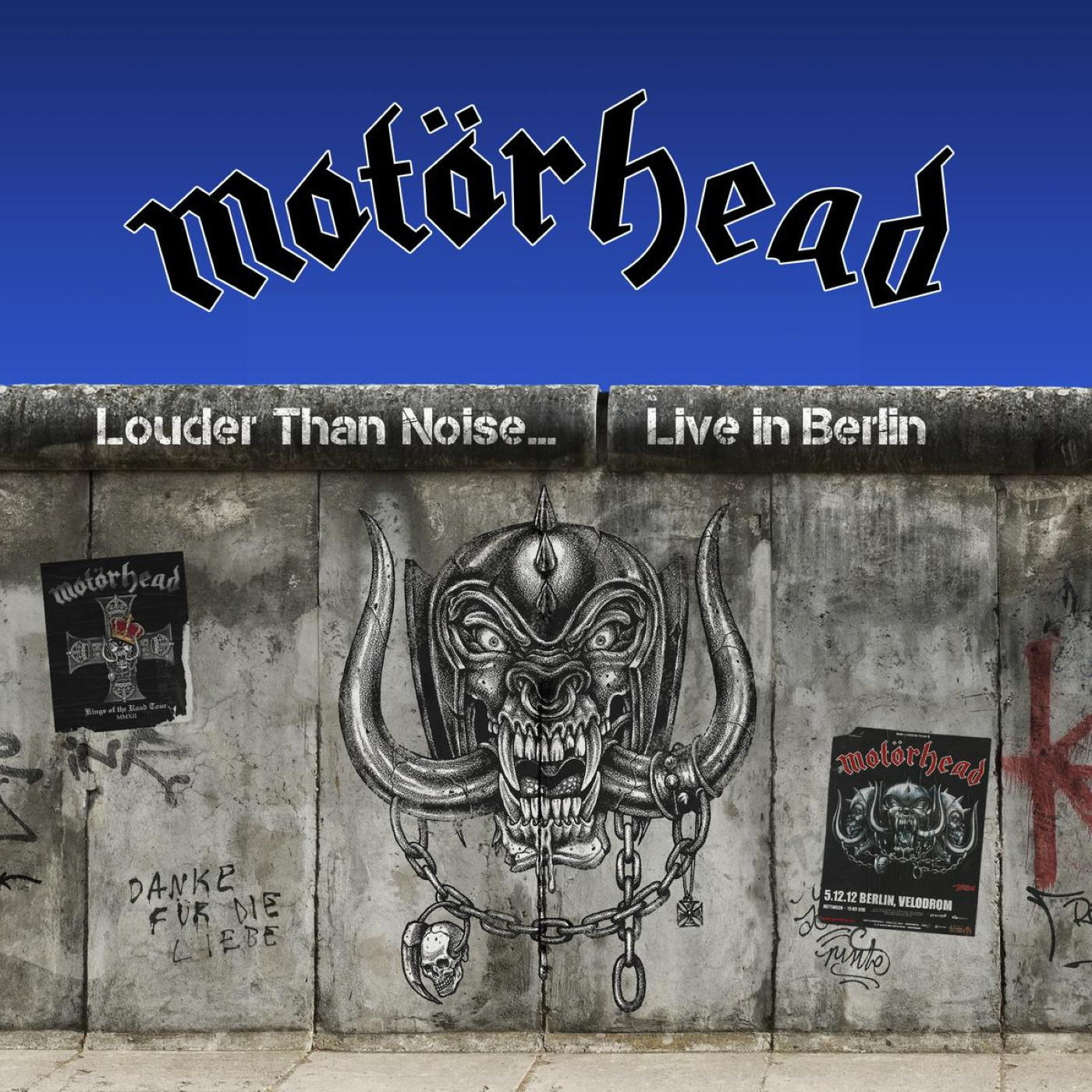 Albumcover mit 'Motörhead'-Logo und Graffiti der Berliner Mauer.