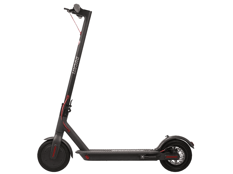 Scooter eléctrico Ducati negro. Tiene un cable rojo y está sobre fondo blanco.