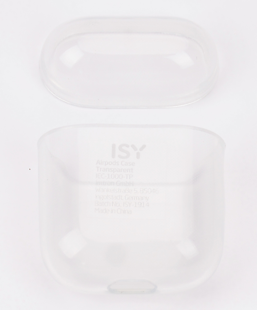 Two transparent ISY Airpods cases. The top case is open.