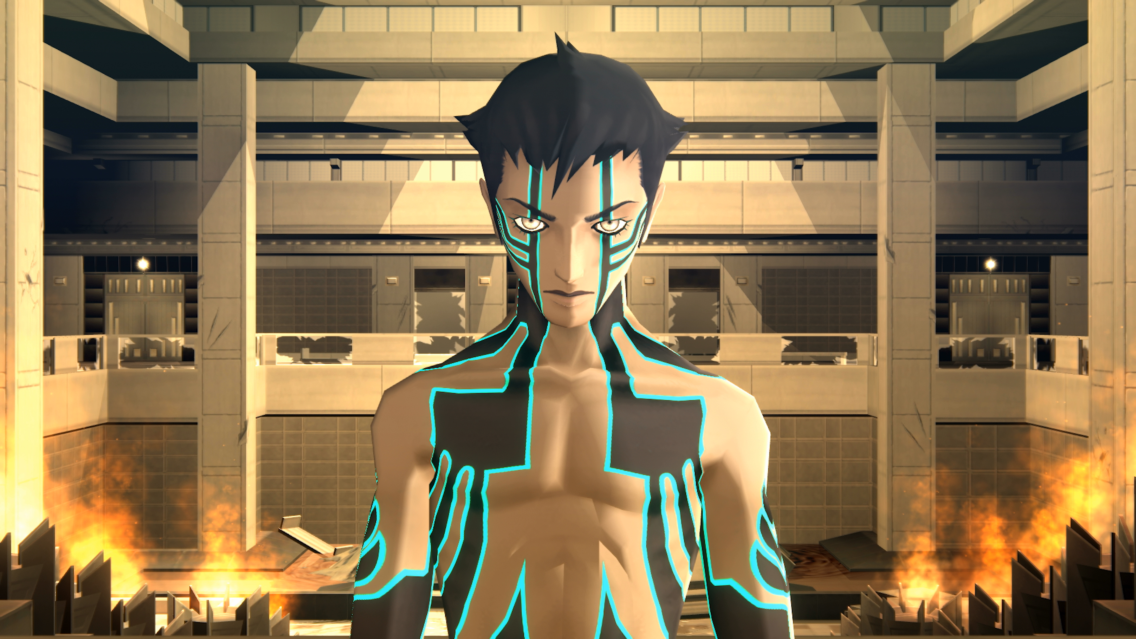 Anime-Figur mit blauen Markierungen auf dem Körper. Hintergrund ist ein futuristisches Gebäude.