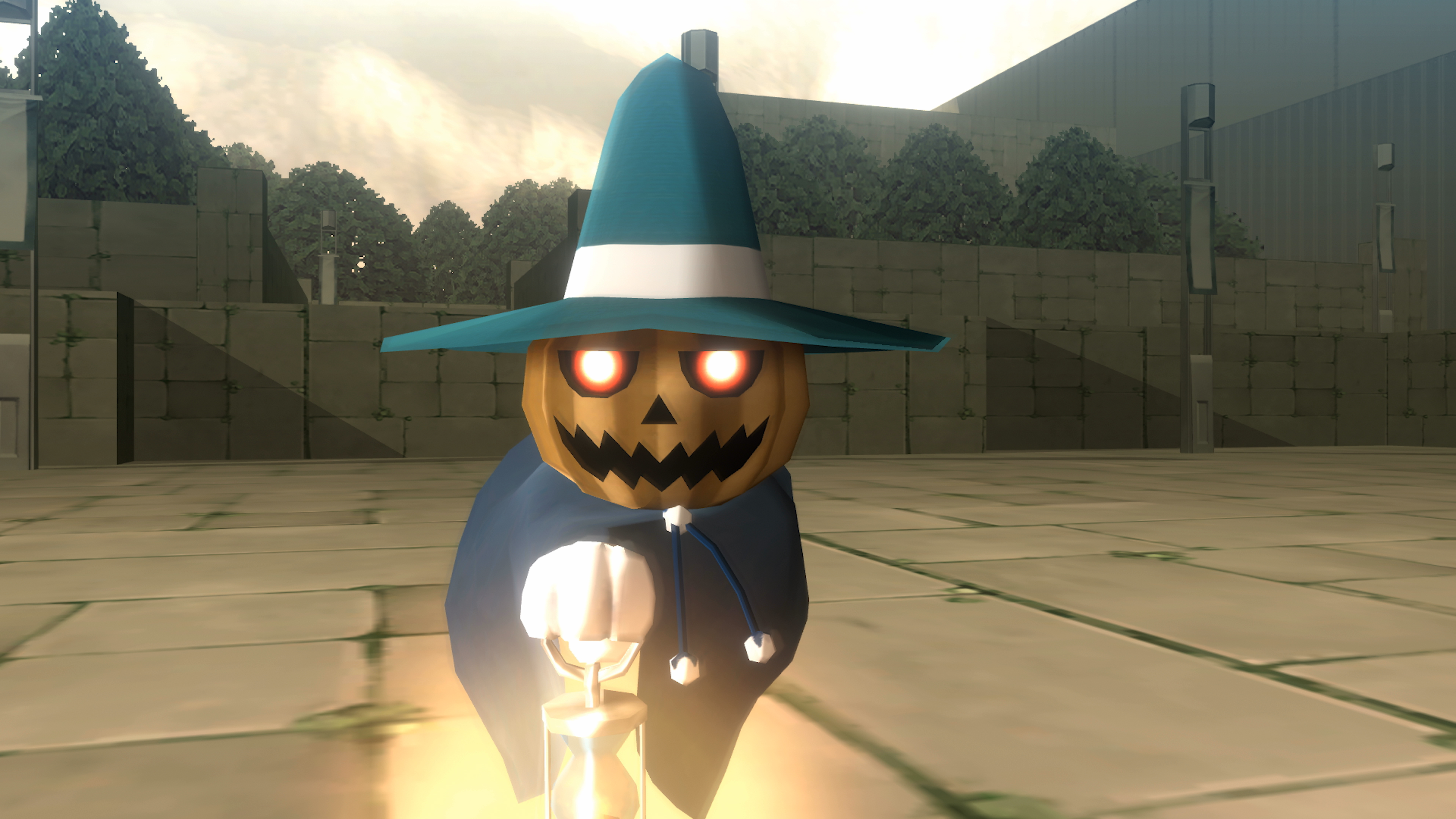 Eine Halloween-Figur, ein kürbisköpfiger Zauberer mit einer Laterne.