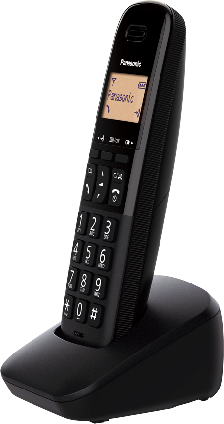 Ein schwarzes schnurloses Telefon von Panasonic auf einer Ladestation, seitlich abgewinkelt, mit Display.