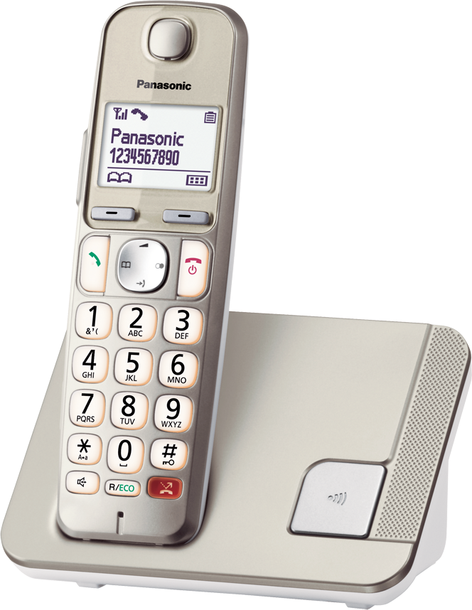 Silbernes und weißes schnurloses Telefon mit Tasten, Display und Basis.