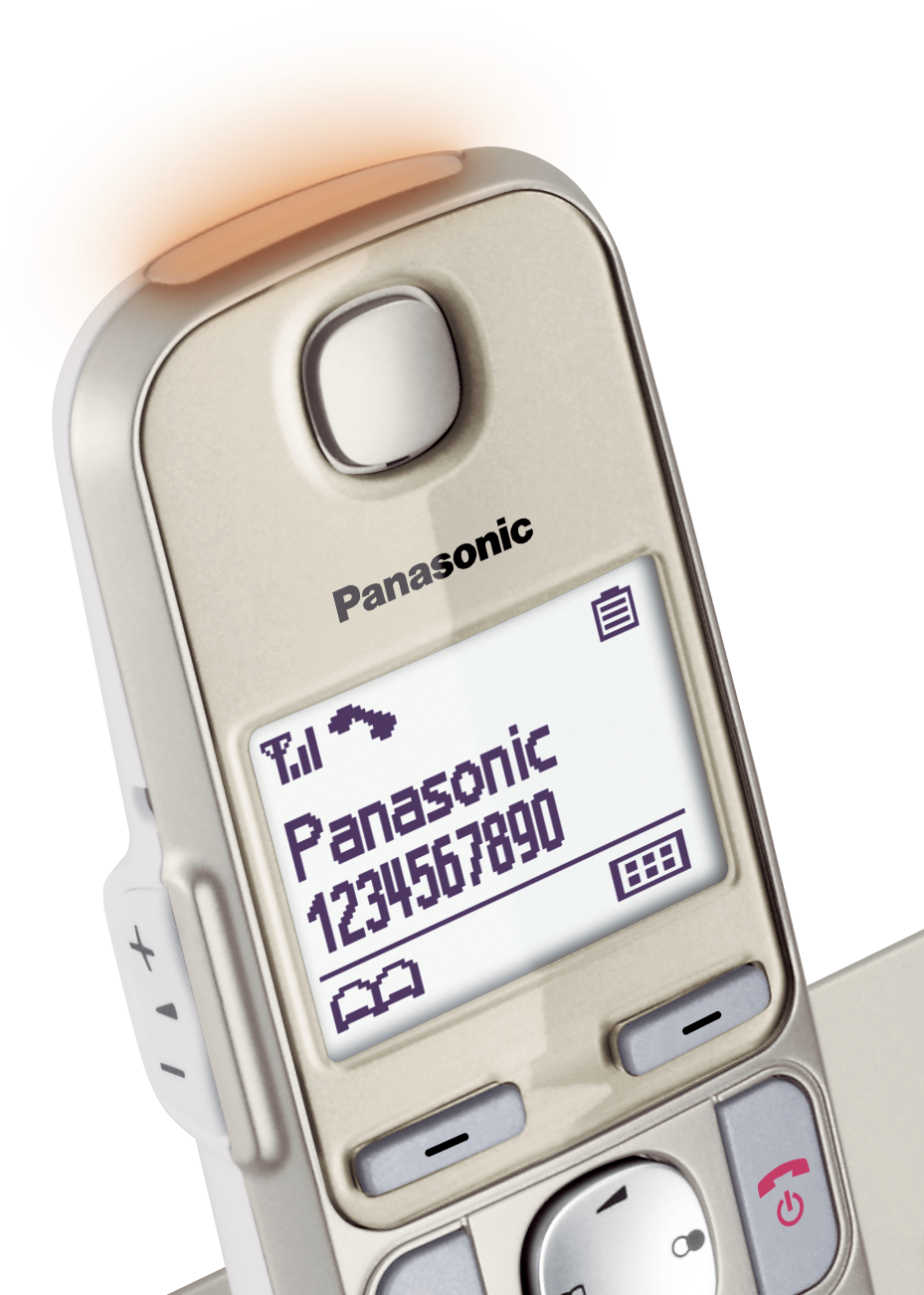 Nahaufnahme eines schnurlosen Telefons von Panasonic, auf dessen Bildschirm eine Telefonnummer angezeigt wird.